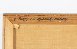 Surrealist Painting "Party on Rubber Beach" by George Broe, Title Written on Back of Canvas
