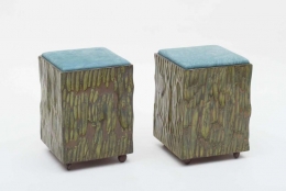 Phillip Lloyd Powell Painted Hand Carved Stools with Abstract Patterned Textile