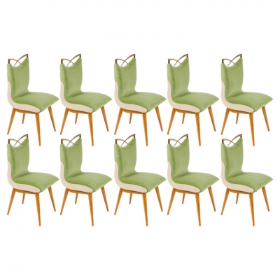Set of Ten Dining Chairs with Velvet Upholstery & Brass Detailing