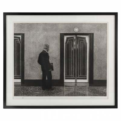 Etching of Man at Empire State Building Elevator by Max Ferguson