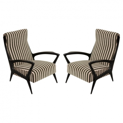 Mid-Century Black Lacquered & Upholstered Lounge Chairs