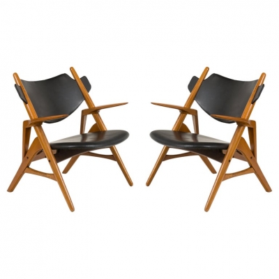 Scandinavian Modern Oak & Leather Low Arm Chairs